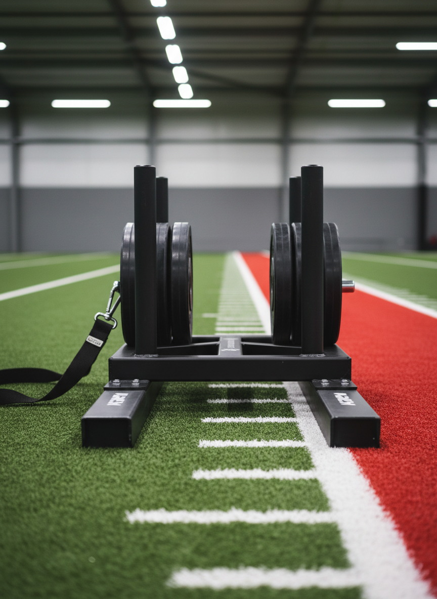 A close-up, side-on shot of a high-tech resistance sled designed for speed and power training, featuring a matte-black steel frame, low-friction rails, and carefully machined weight posts loaded with sleek, rubber-coated plates. The sled sits on a textured indoor turf lane with bright white yard markers and a bold, contrasting center stripe. Directional overhead LED lighting casts crisp highlights along the sled’s edges and subtle, elongated shadows behind it, enhancing its engineered details. The background gently fades into a soft blur of turf and neutral training walls. Captured at a low, slightly forward angle with moderate depth of field, the image feels intense, dynamic, and performance-focused, rendered in clean photographic realism appropriate for a professional sports technology brand.